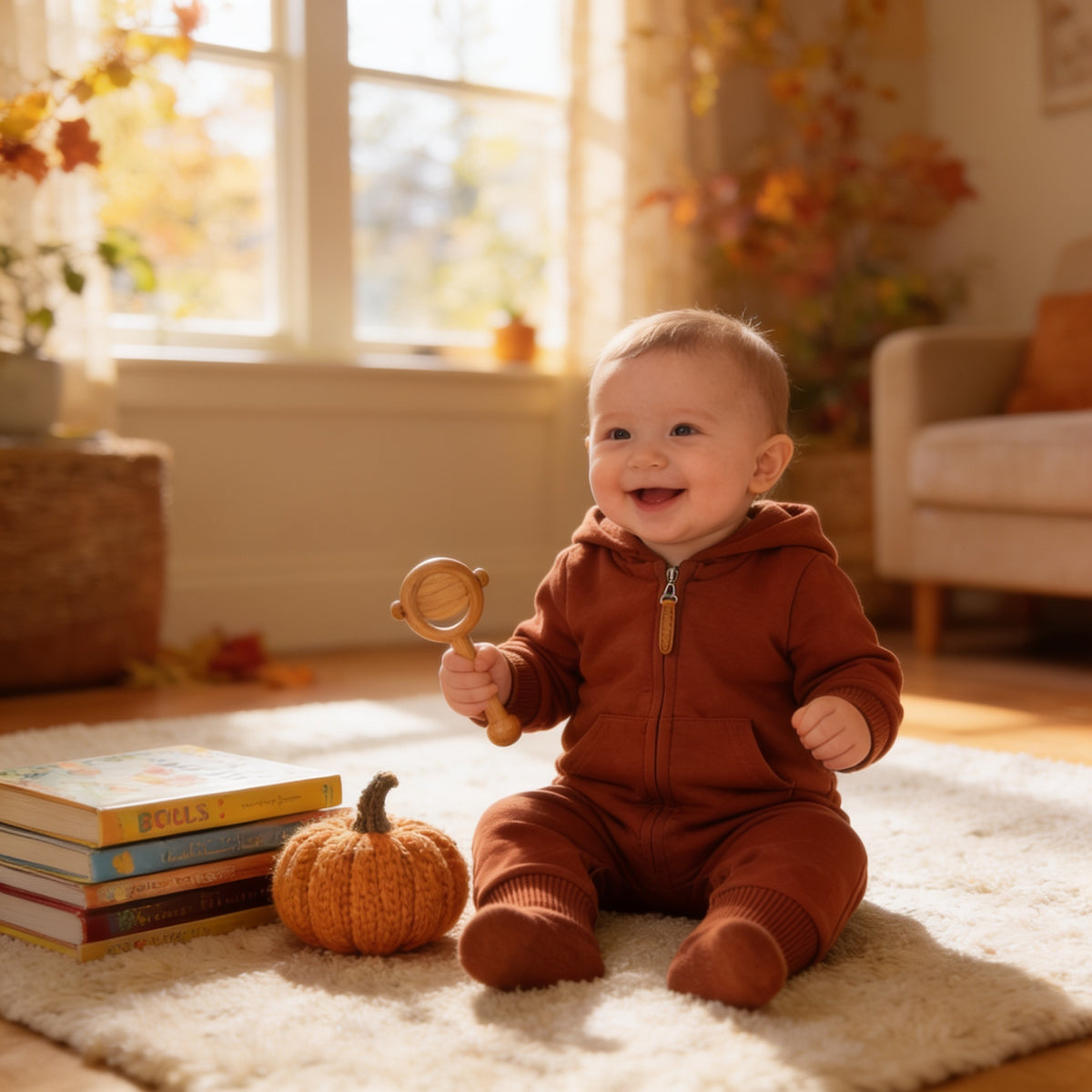 Lumiwee Sprig hooded zip baby romper, Rust option, in a bright room