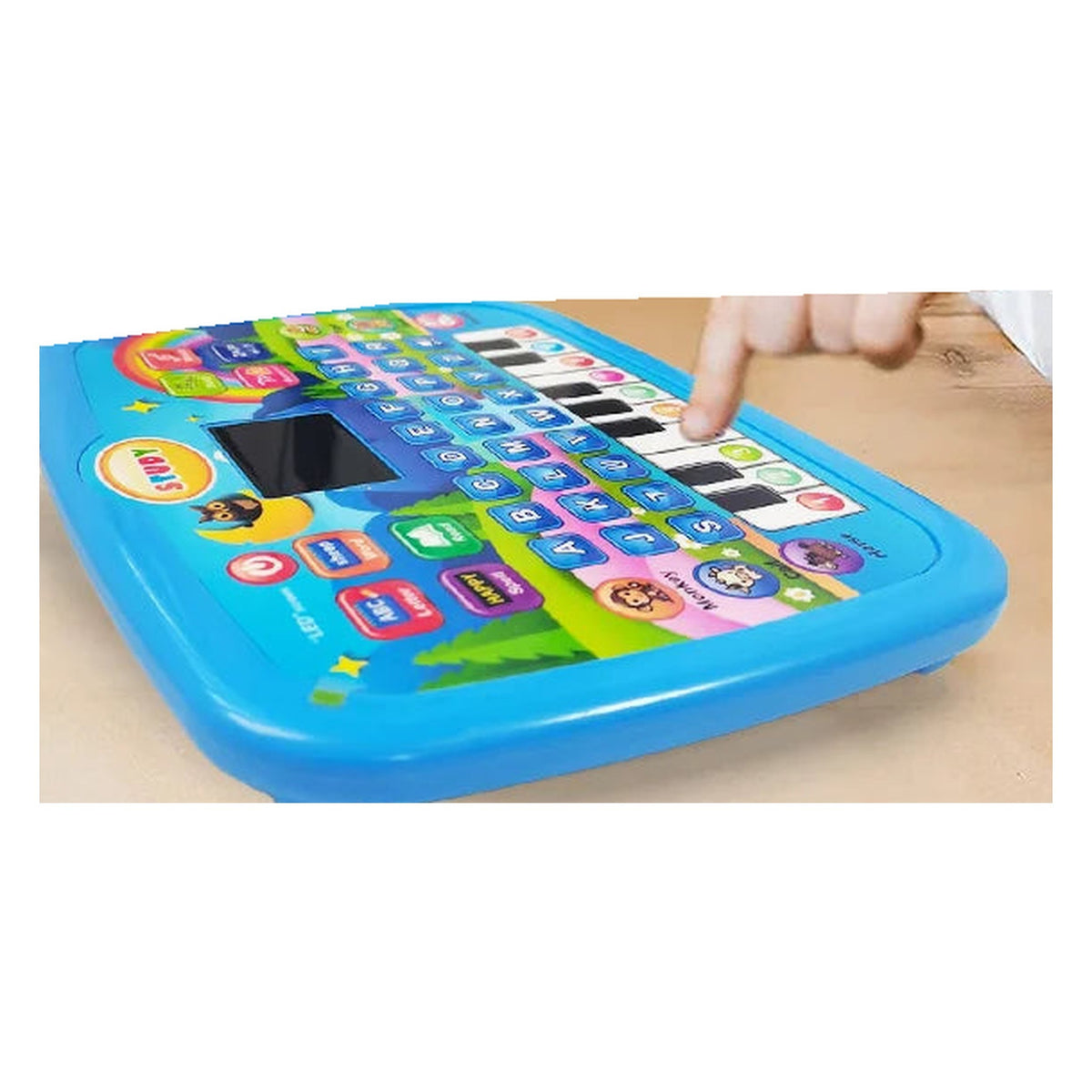 Sprout blue learning tablet with a finger pressing a piano key on an oak table
