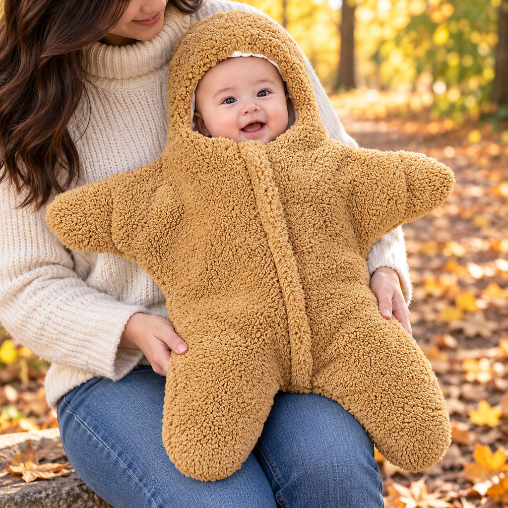 Awake baby in a Khaki Starfish bunting supported upright by a parent outdoors