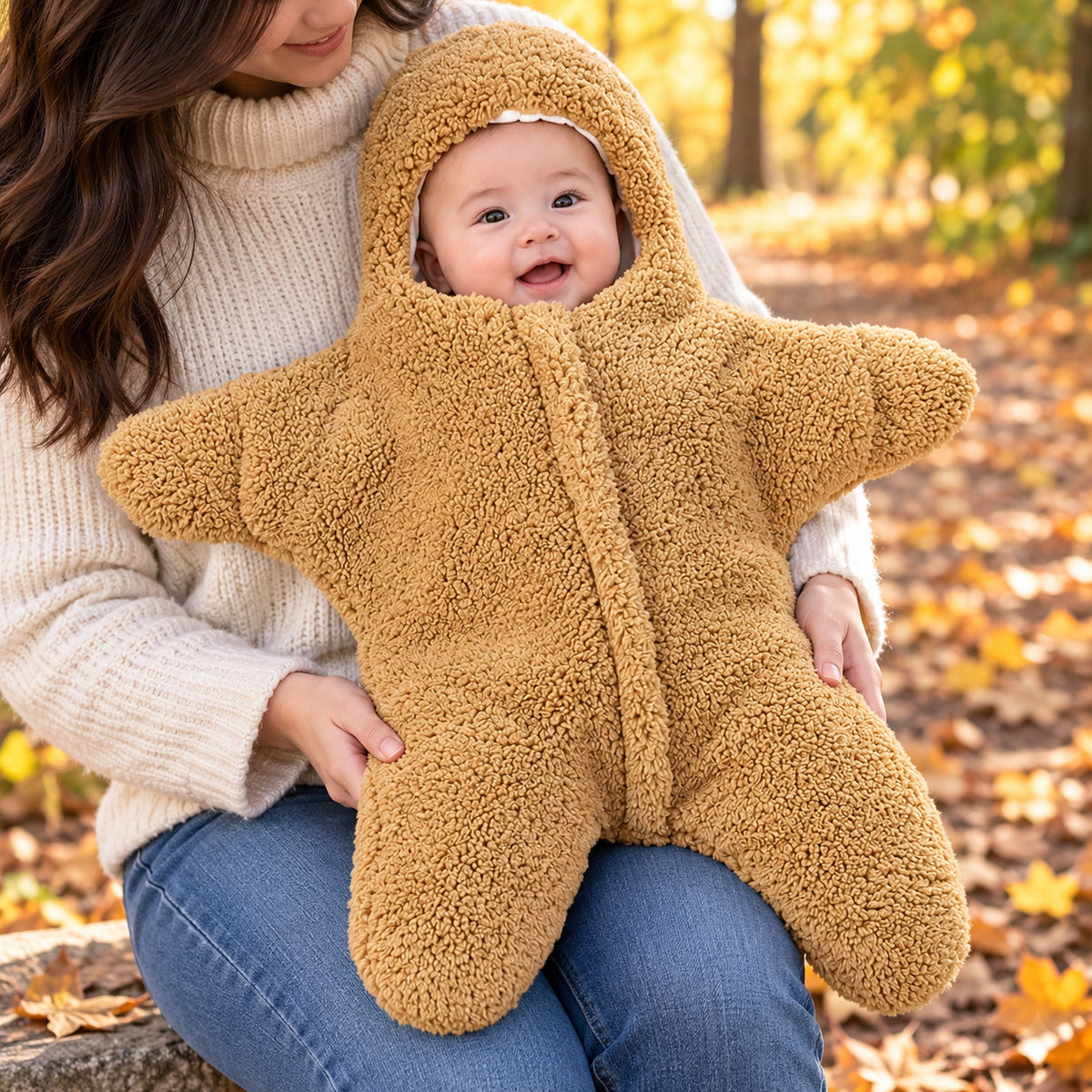 Awake baby in a Khaki Starfish bunting supported upright by a parent outdoors
