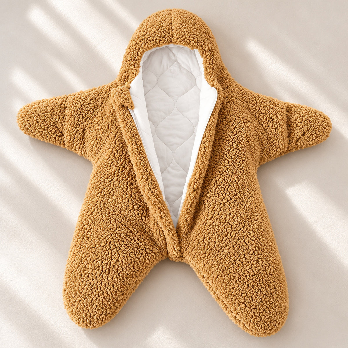 Starfish curly fleece hood and white quilted lining detail
