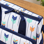 Close-up of Starling navy zipper pulls and arrow-print fabric
