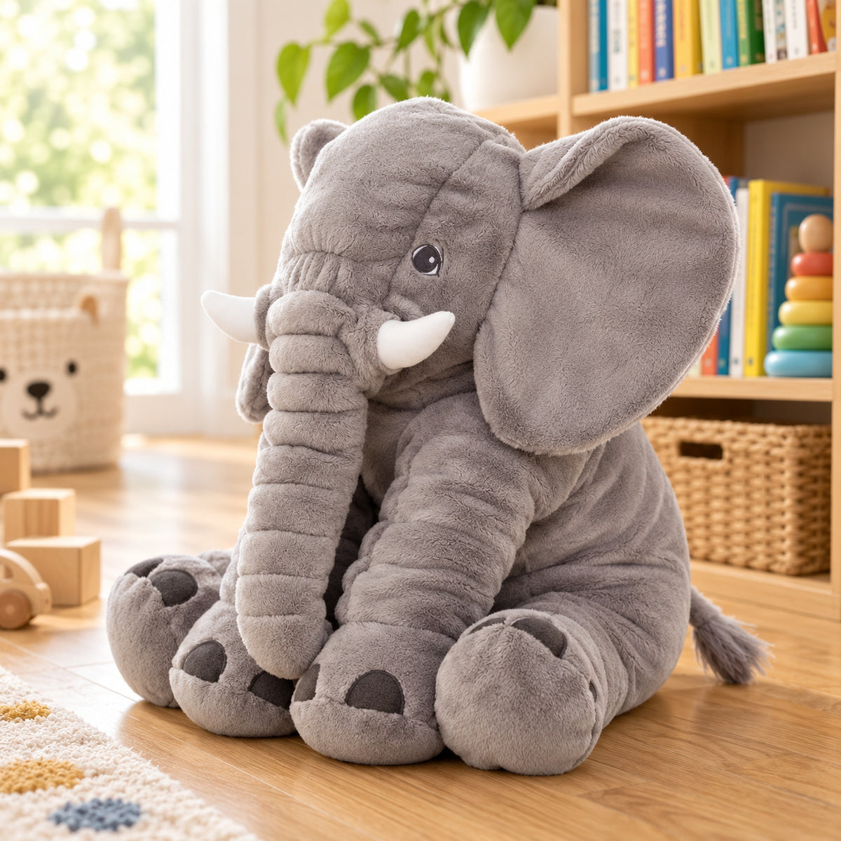 Gray Stomp elephant in three-quarter side view on the playroom floor