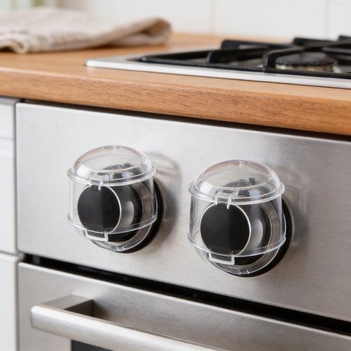 Lumiwee Stove knob covers: two clear knob covers fitted on stove knobs