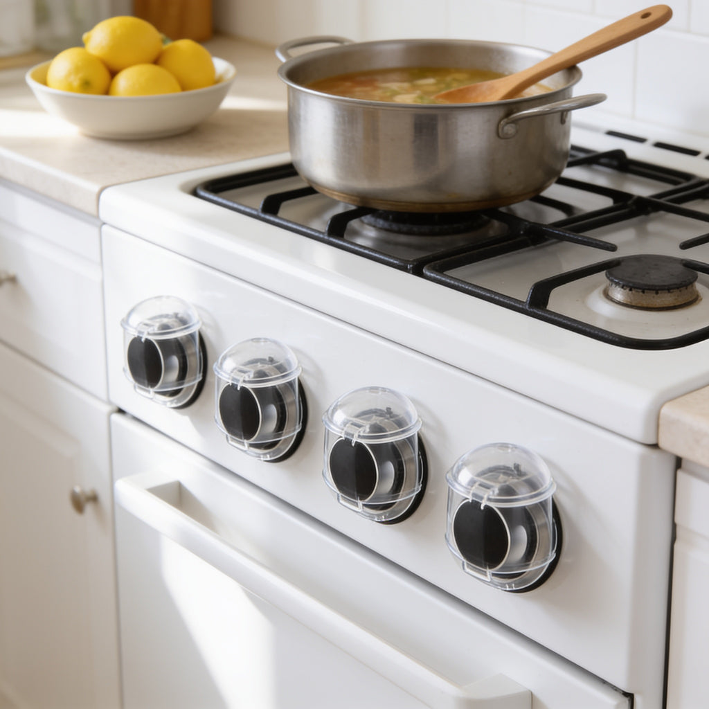 Lumiwee Stove knob covers: clear knob covers on all four front knobs of a range