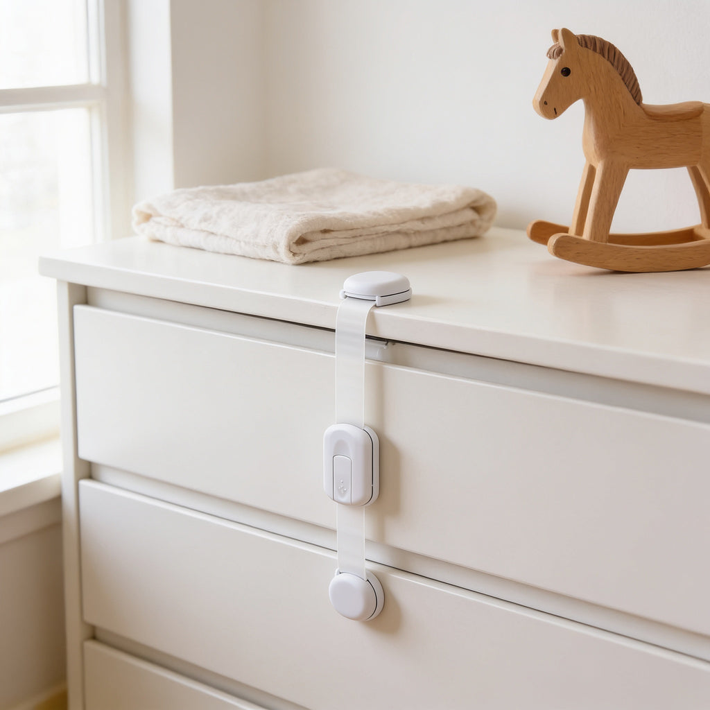 Lumiwee Adhesive cabinet and drawer strap lock: strap lock holding a nursery dresser drawer closed