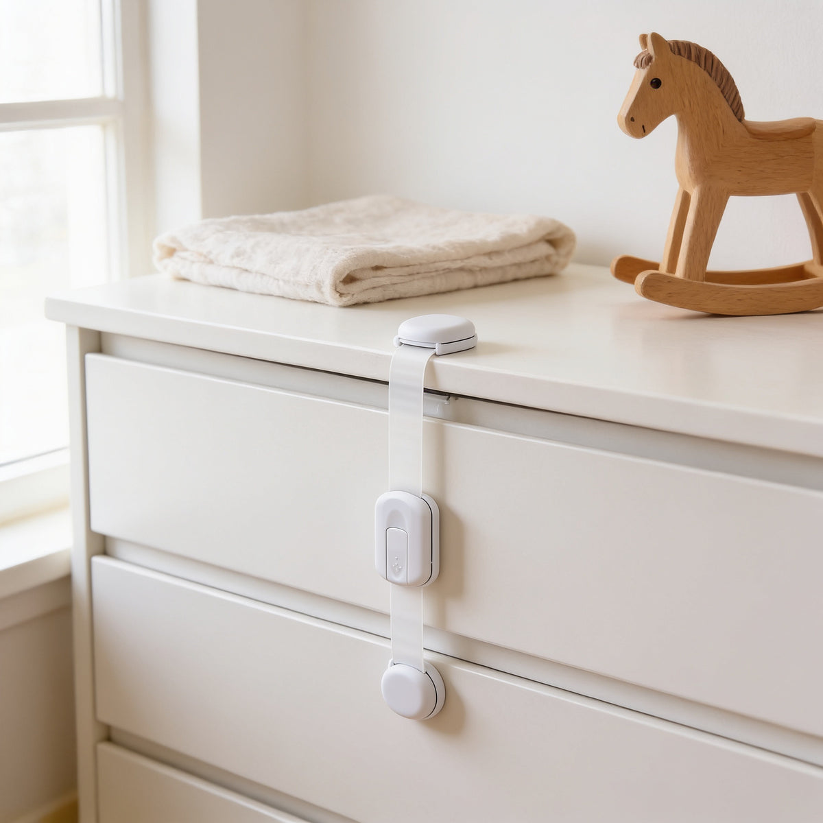 Lumiwee Adhesive cabinet and drawer strap lock: strap lock holding a nursery dresser drawer closed