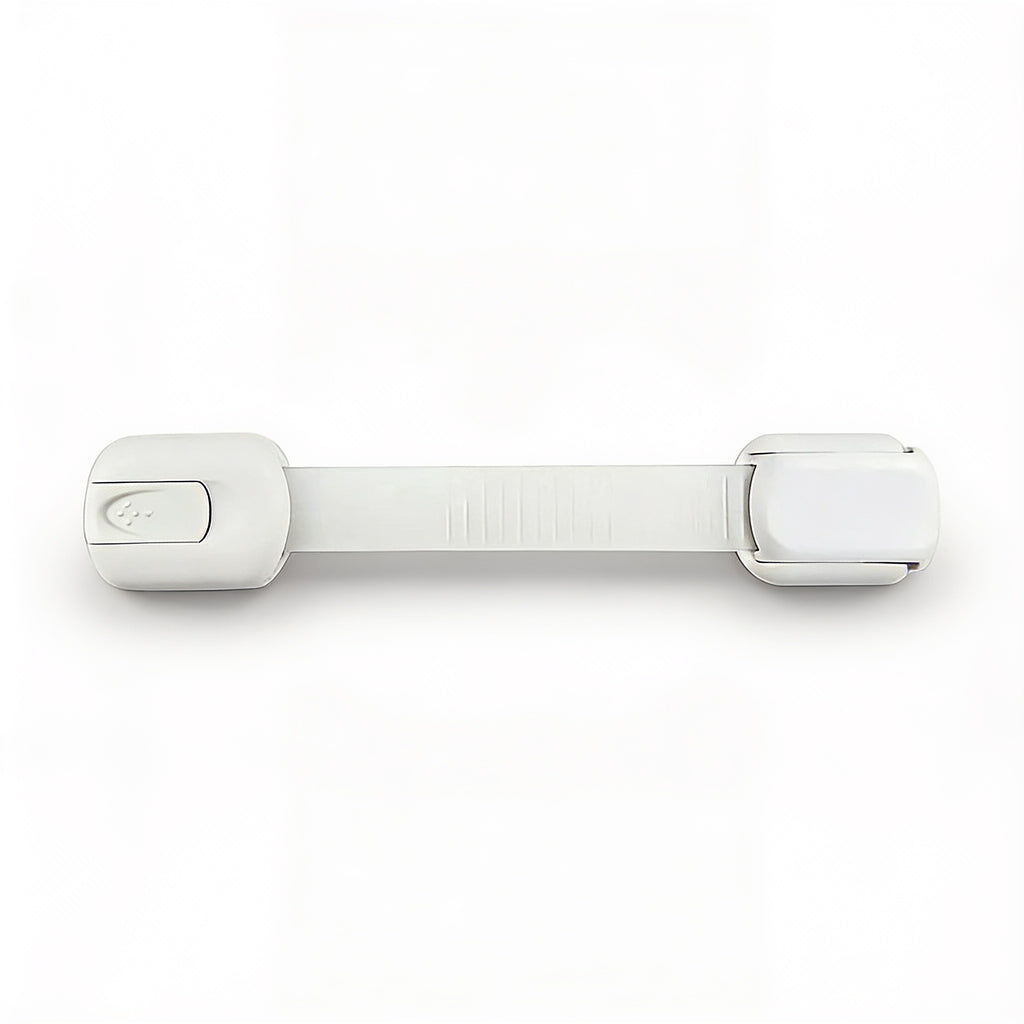Lumiwee Adhesive cabinet and drawer strap lock: one white adhesive strap lock on a white background