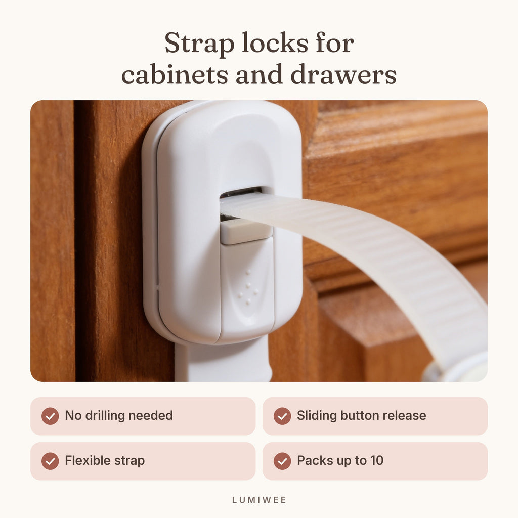 Lumiwee infographic: Adhesive - Strap locks for cabinets and drawers