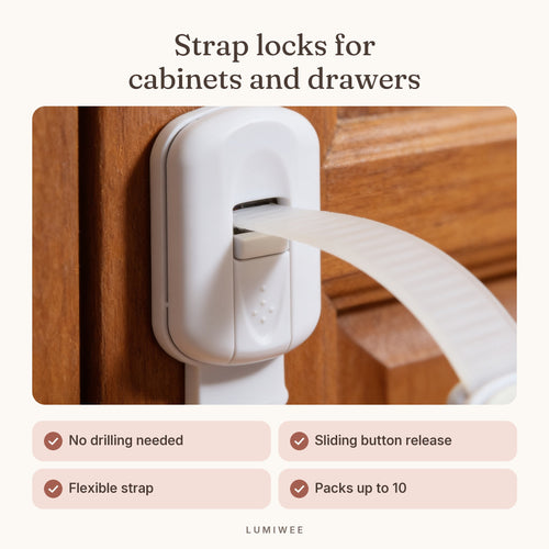 Lumiwee infographic: Adhesive - Strap locks for cabinets and drawers