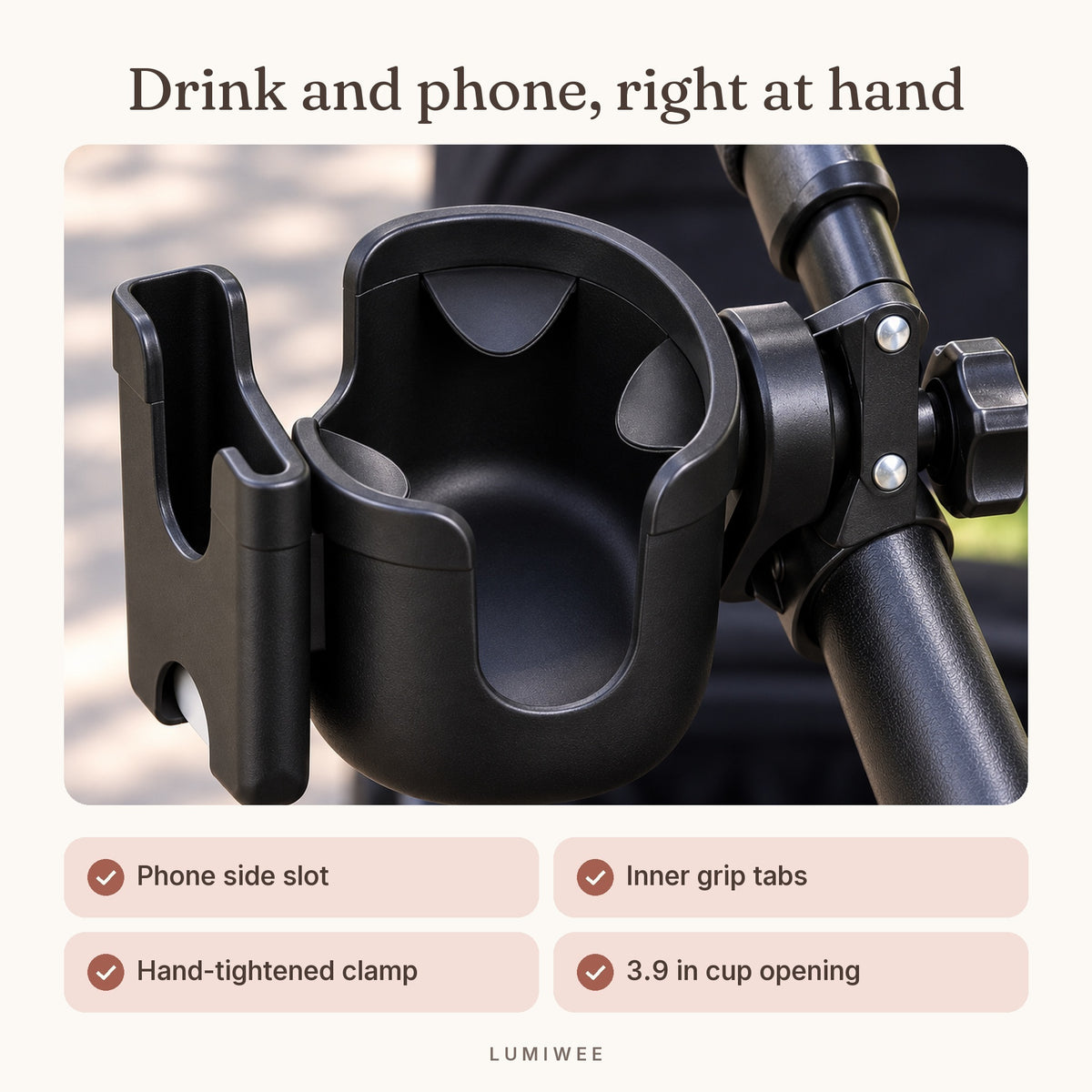 Lumiwee infographic: StrollerCupHolder - Drink and phone, right at hand