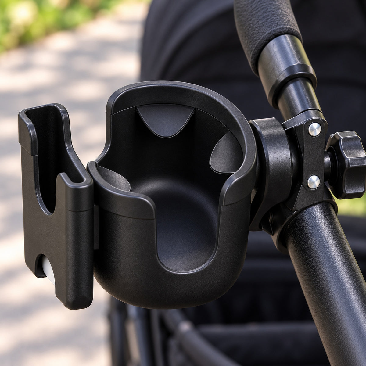 Close-up of the cup holder interior grip tabs and phone slot