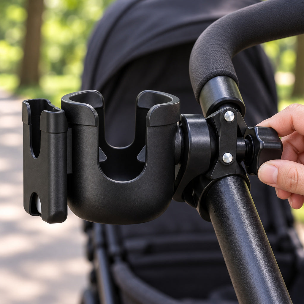 Adult hand tightening the cup holder clamp knob on a round stroller tube