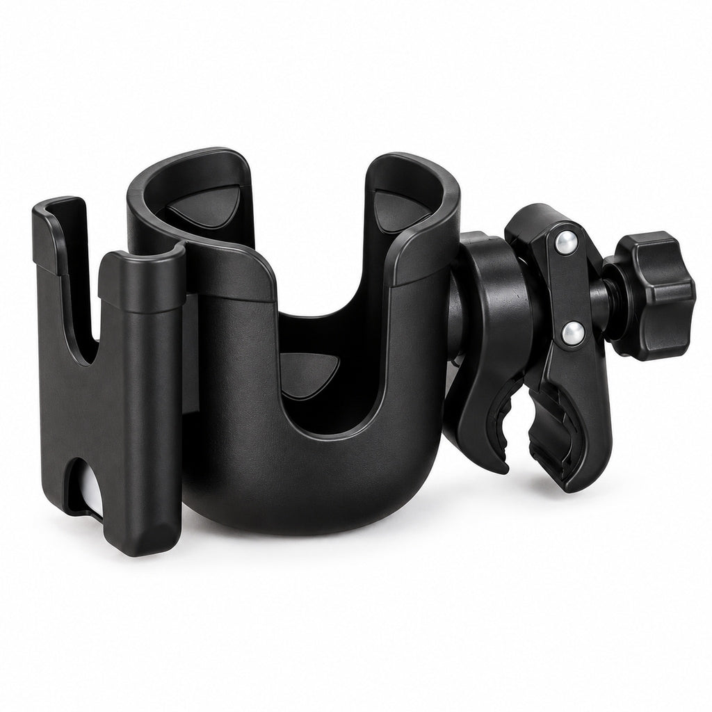Black cup holder with phone slot and clamp on white