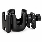 Black cup holder with phone slot and clamp on white