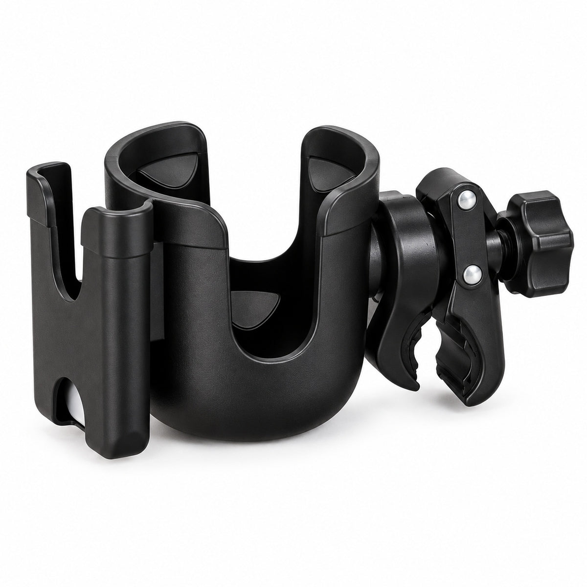 Black cup holder with phone slot and clamp on white