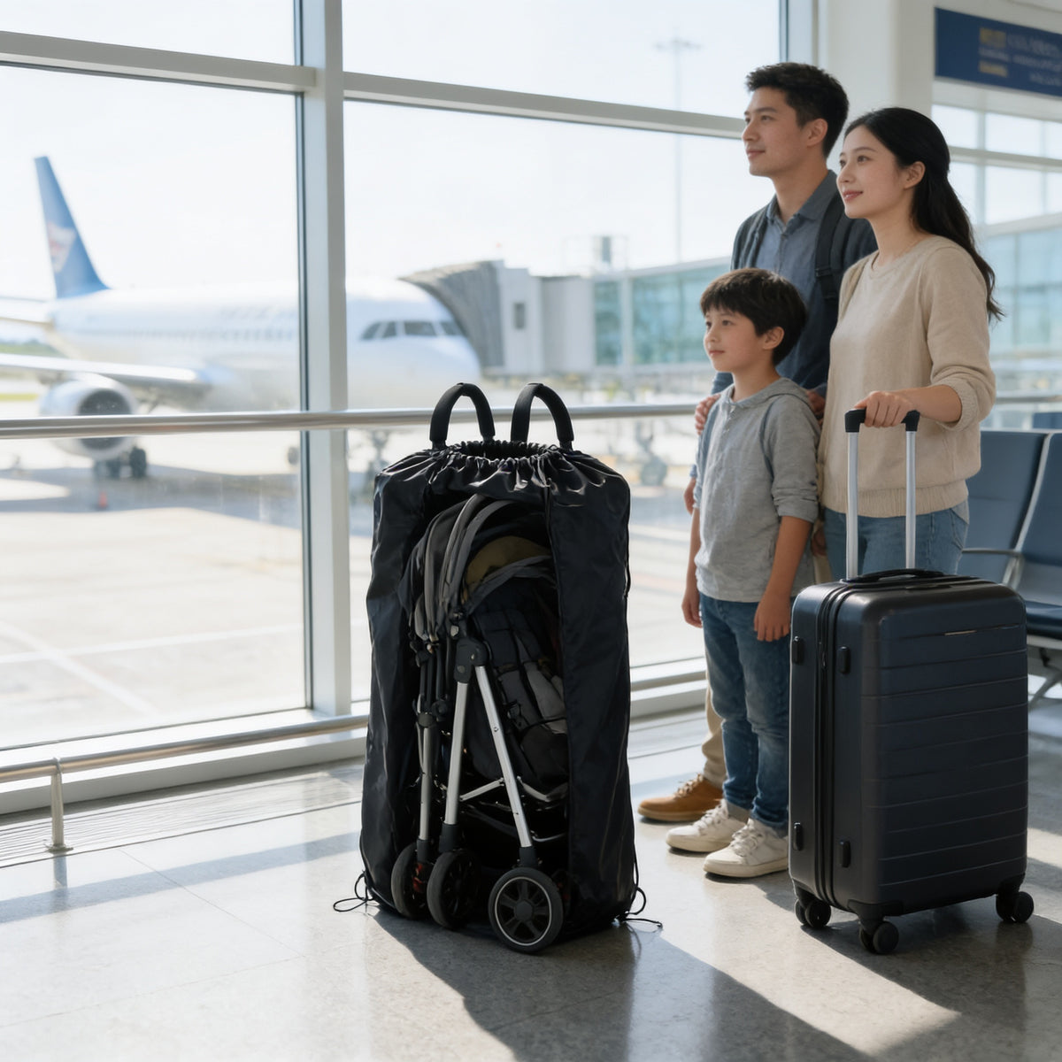 Lumiwee Stroller travel storage bag: packed stroller travel bag at an airport gate