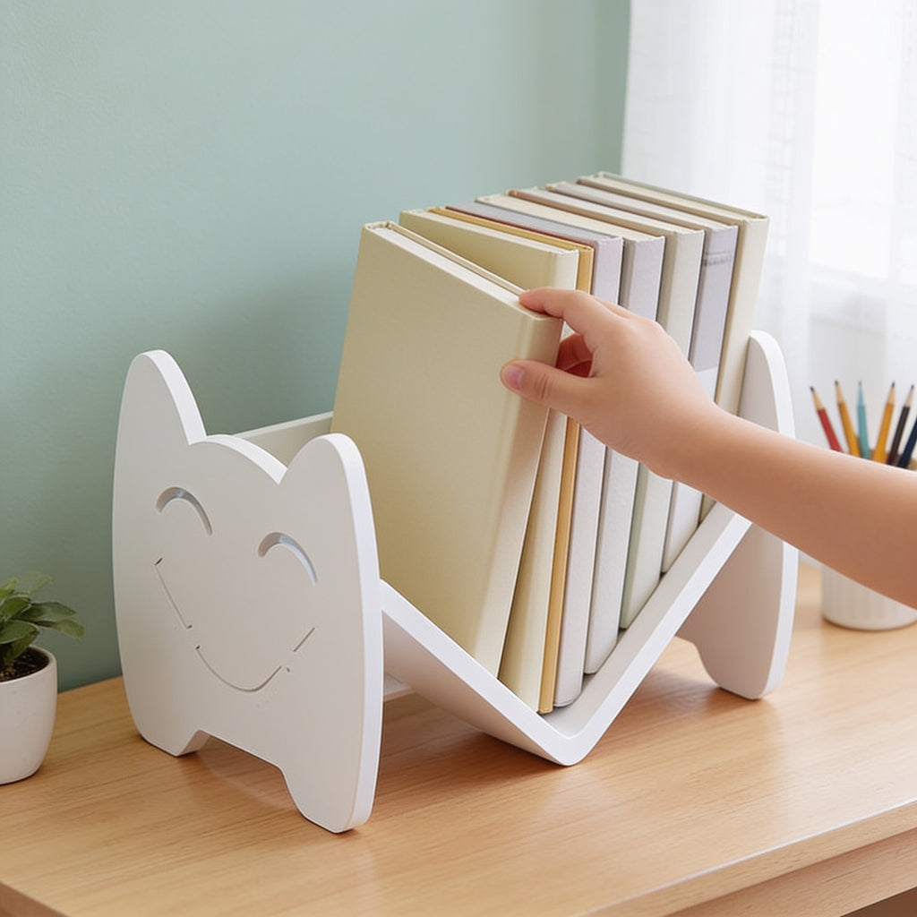 Lumiwee Sunny kids book rack: sliding a book into the cradle