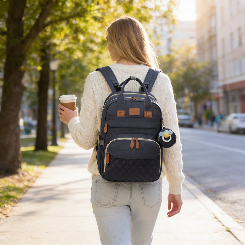 Lumiwee Swift diaper backpack: parent wearing the backpack on a sunny sidewalk