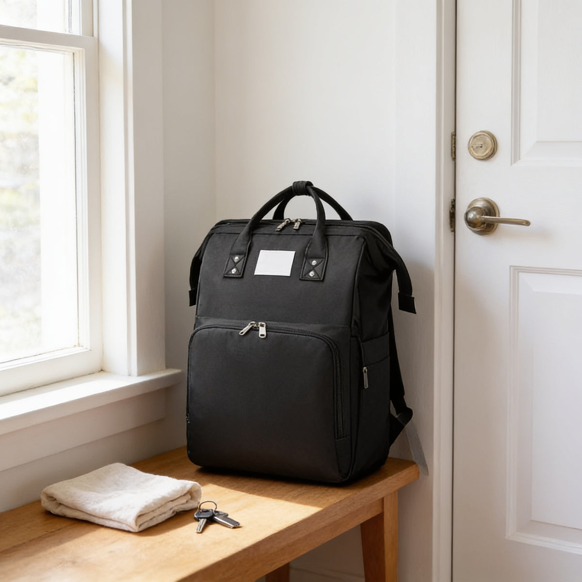 Lumiwee Swift diaper backpack, Black – Classic option, in a bright room