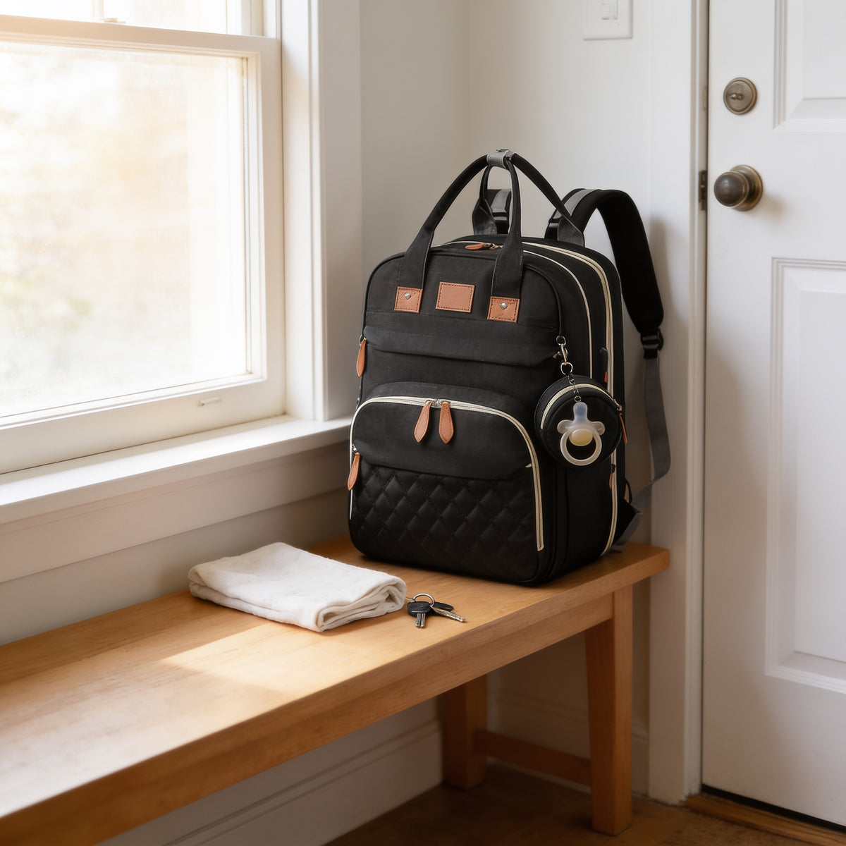 Lumiwee Swift diaper backpack, Black – Quilted option, in a bright room