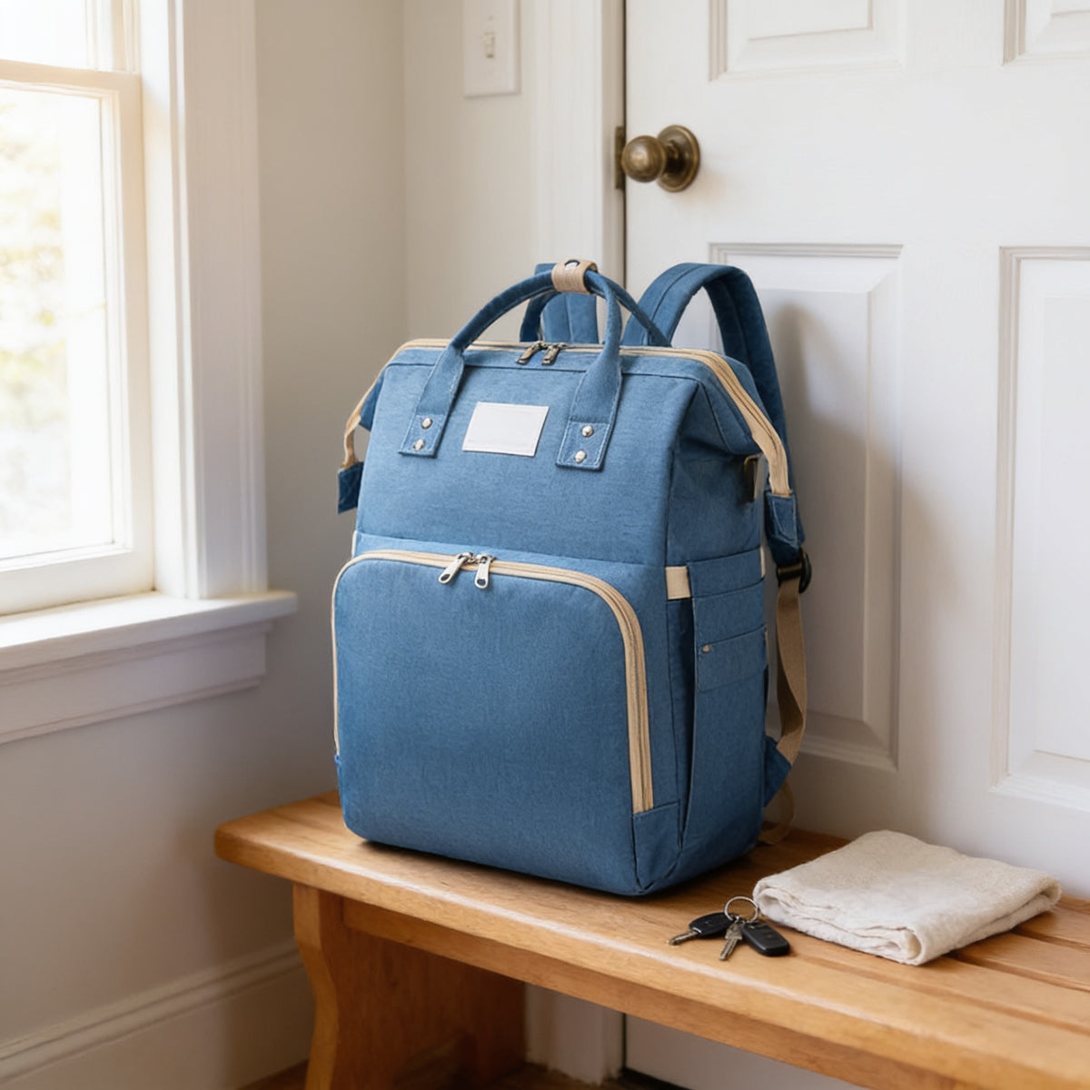 Lumiwee Swift diaper backpack, Blue – Classic option, in a bright room