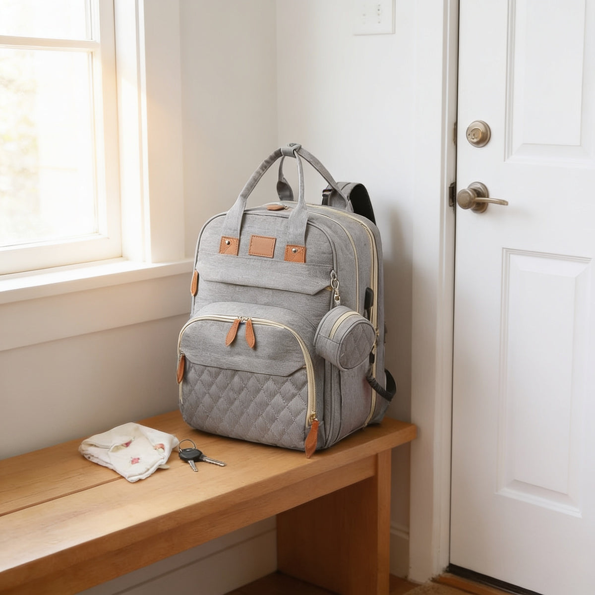 Lumiwee Swift diaper backpack, Gray – Quilted option, in a bright room
