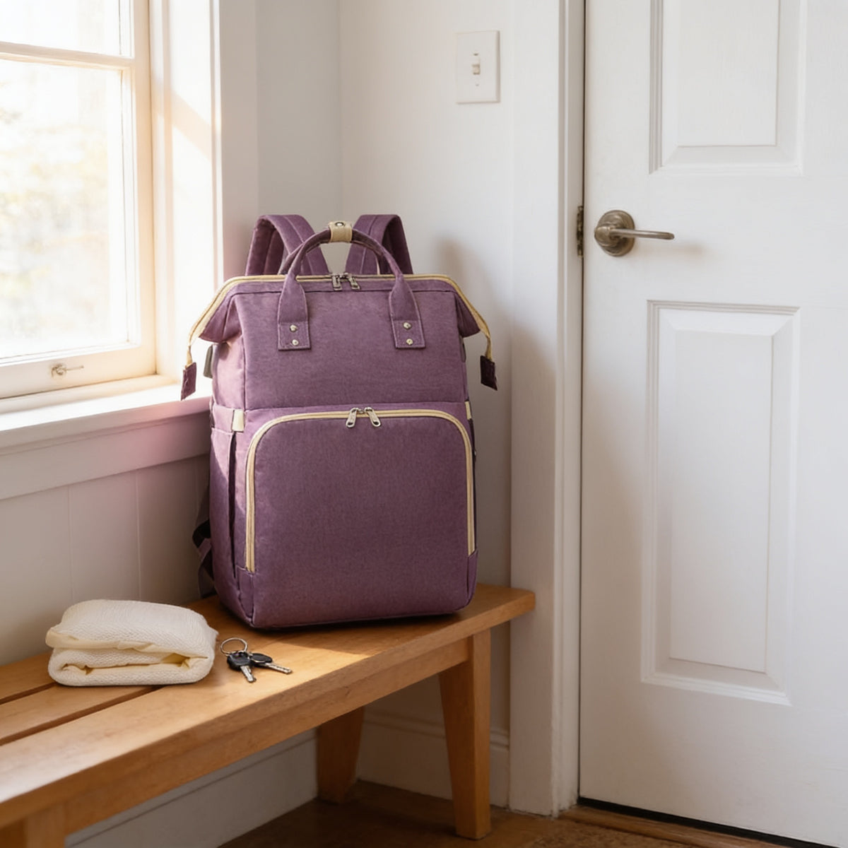 Lumiwee Swift diaper backpack, Purple – Classic option, in a bright room