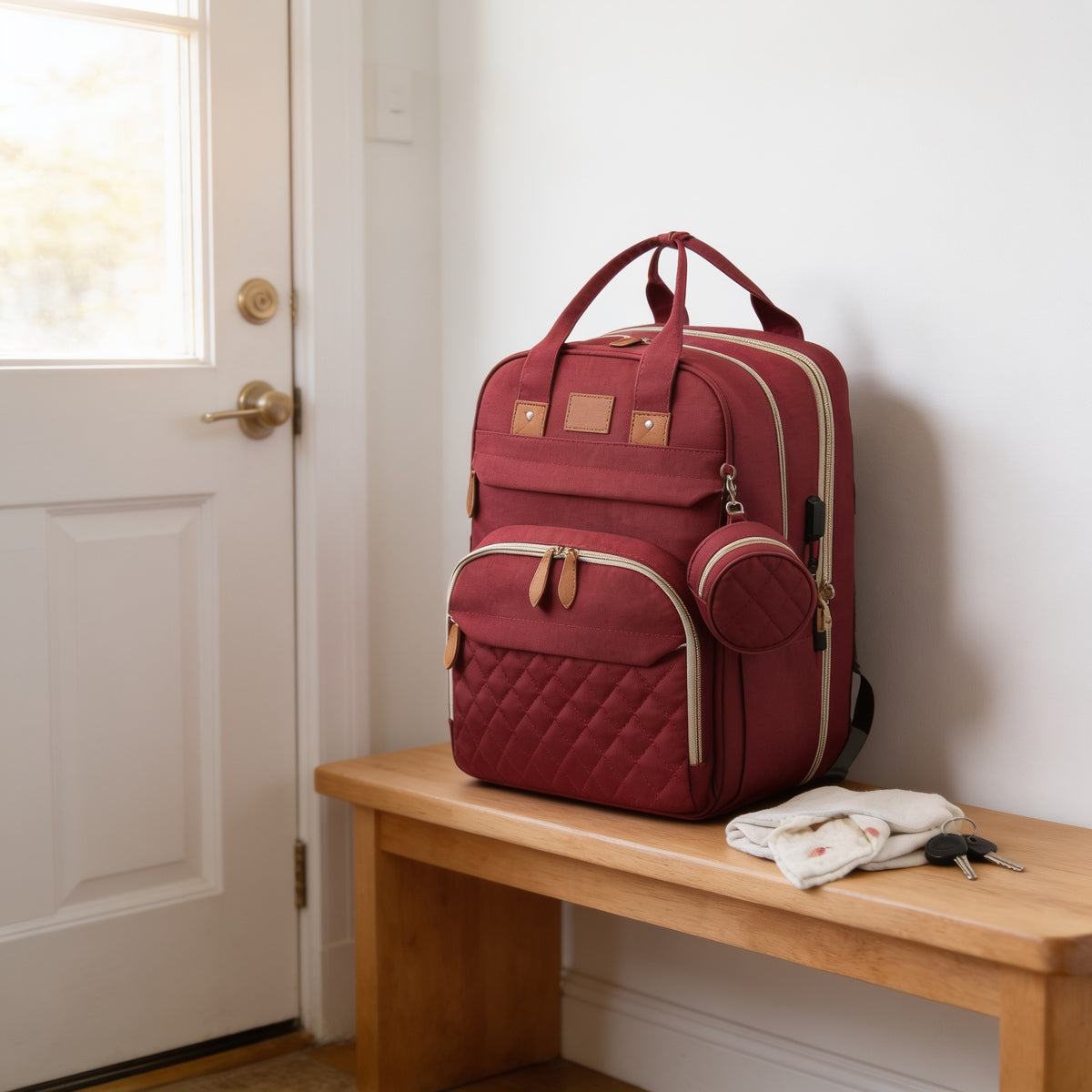 Lumiwee Swift diaper backpack, Red – Quilted option, in a bright room