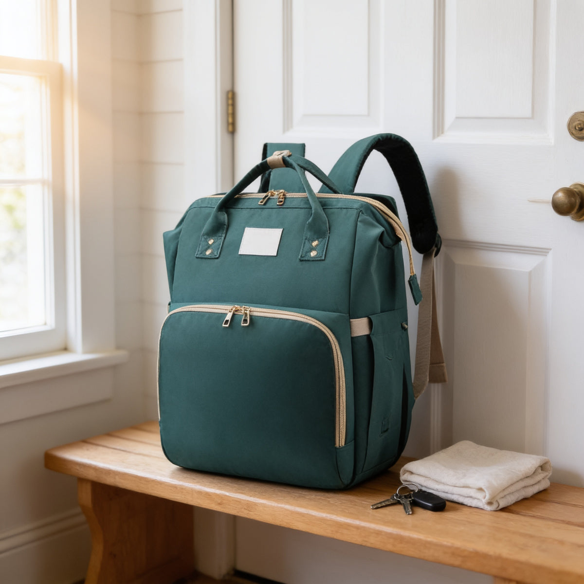 Lumiwee Swift diaper backpack, Teal – Classic option, in a bright room