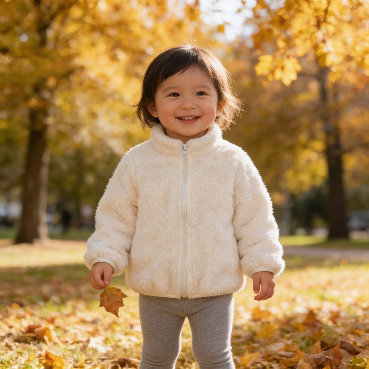 Lumiwee Teddy kids plush jacket: toddler in the cream plush zip-up jacket in an autumn park