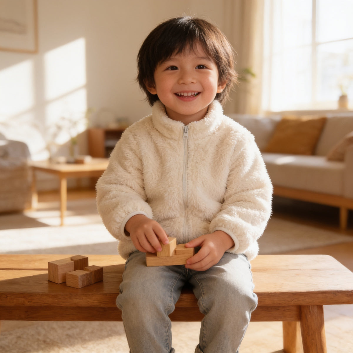 Lumiwee Teddy kids plush jacket: child in the cream plush jacket playing with blocks