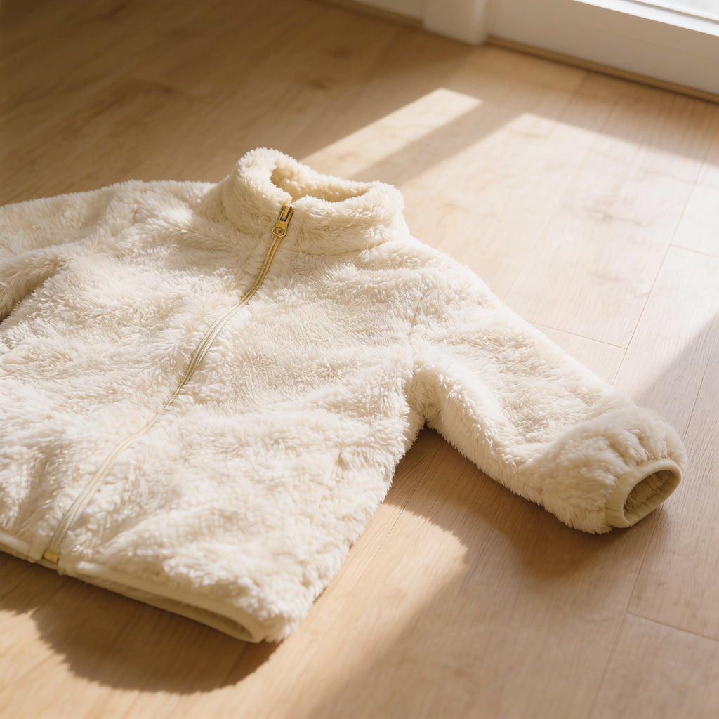 Lumiwee Teddy kids plush jacket: close-up of the plush pile, stand collar and zip