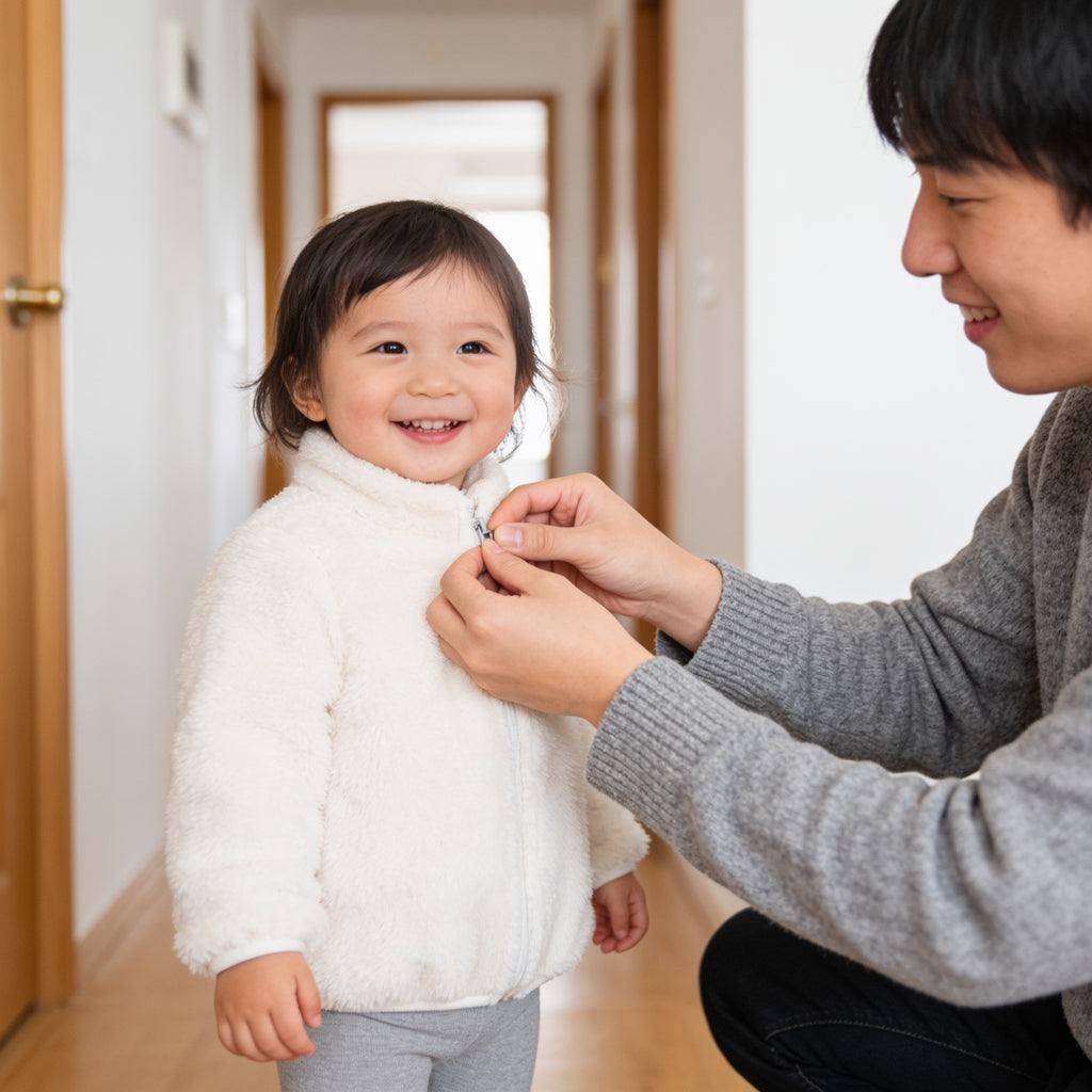 Lumiwee Teddy kids plush jacket: parent zipping up the plush jacket on a toddler