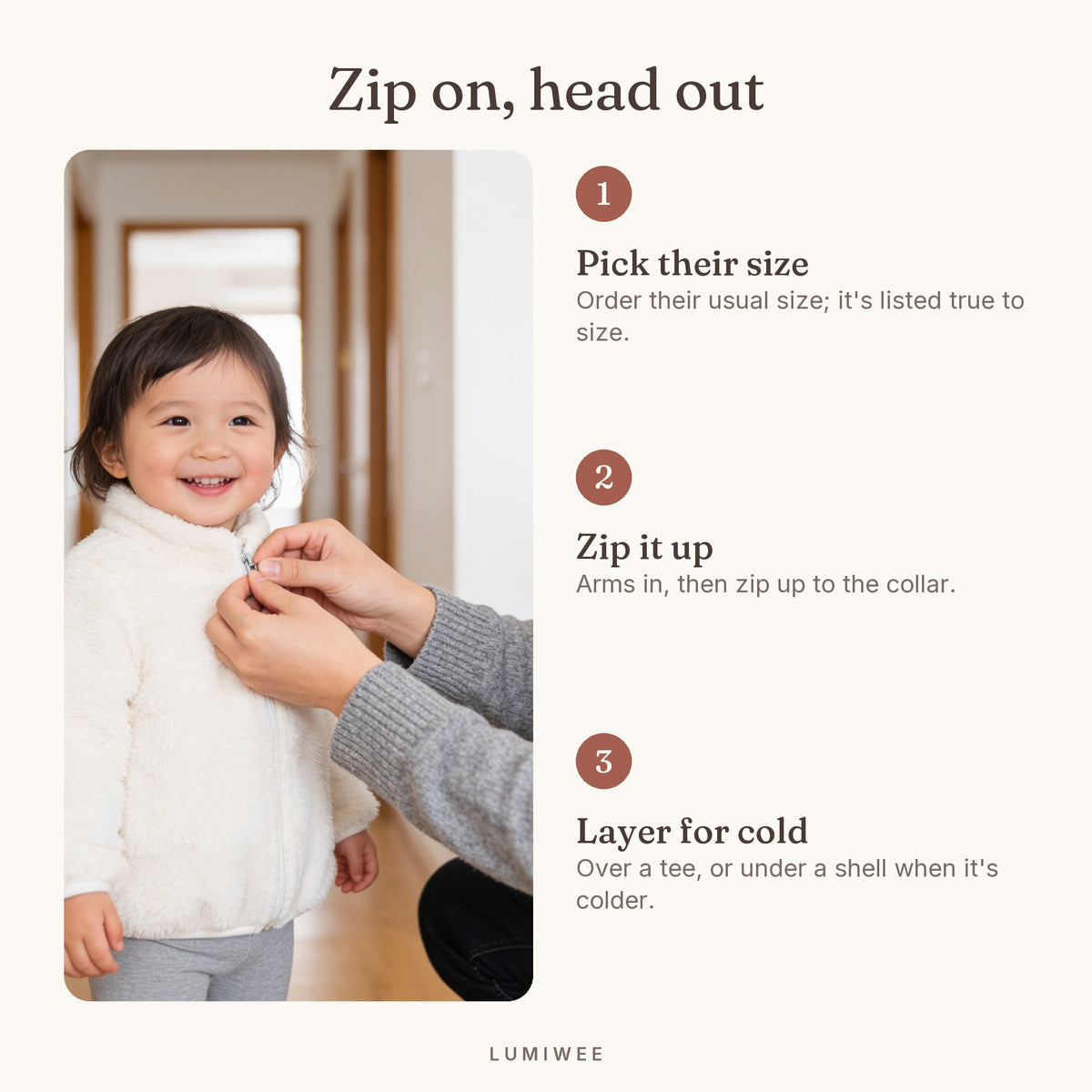 Lumiwee infographic: Teddy - Zip on, head out