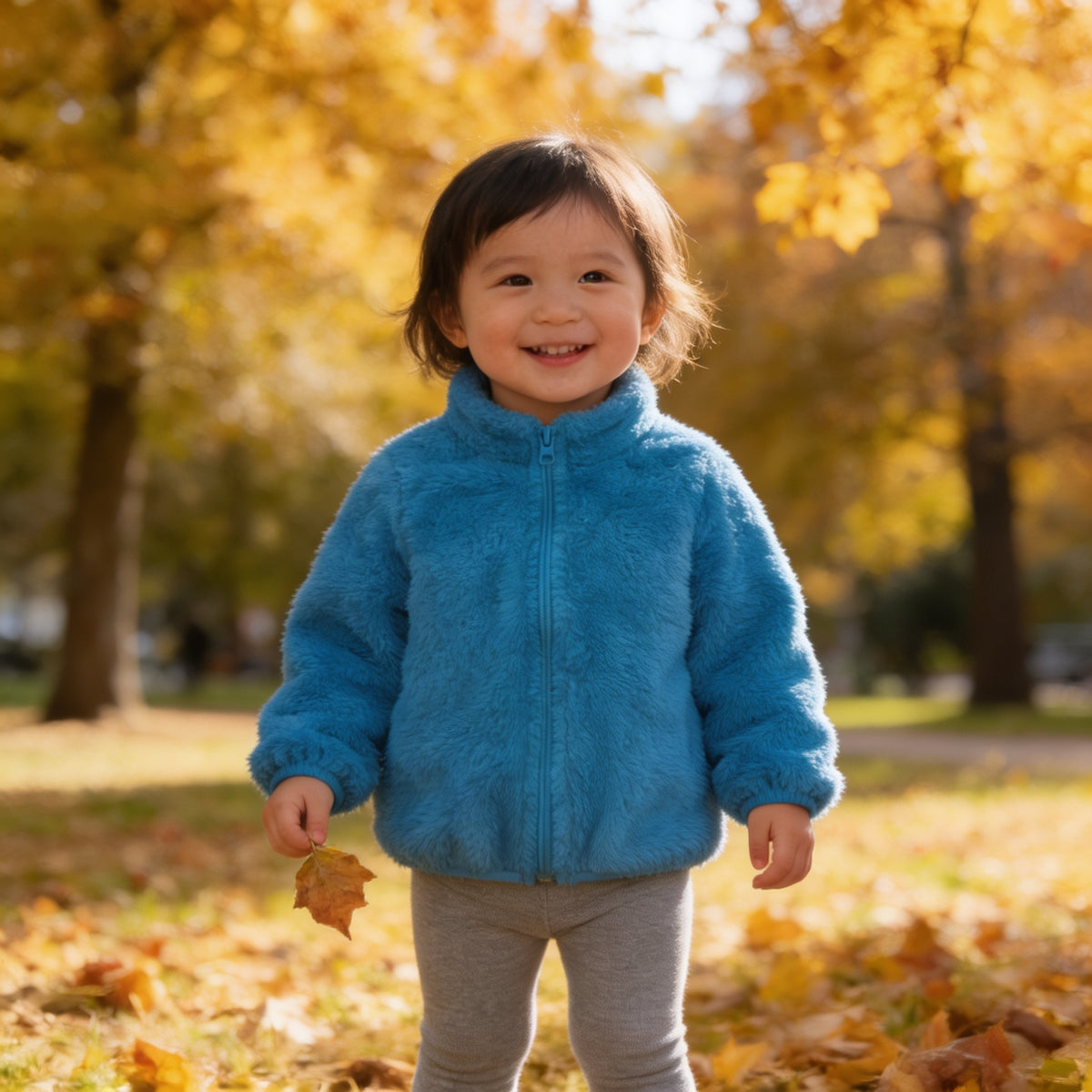 Lumiwee Teddy kids plush jacket, Blue option, in a bright room