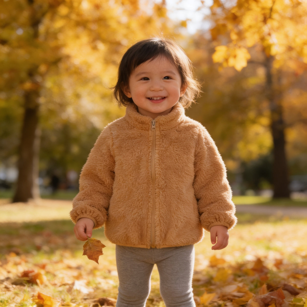 Lumiwee Teddy kids plush jacket, Camel option, in a bright room