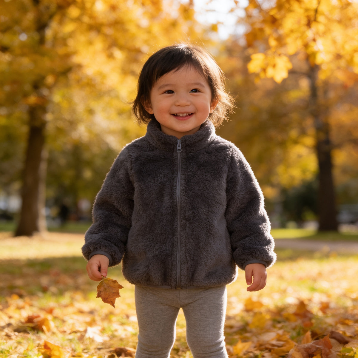 Lumiwee Teddy kids plush jacket, Gray option, in a bright room