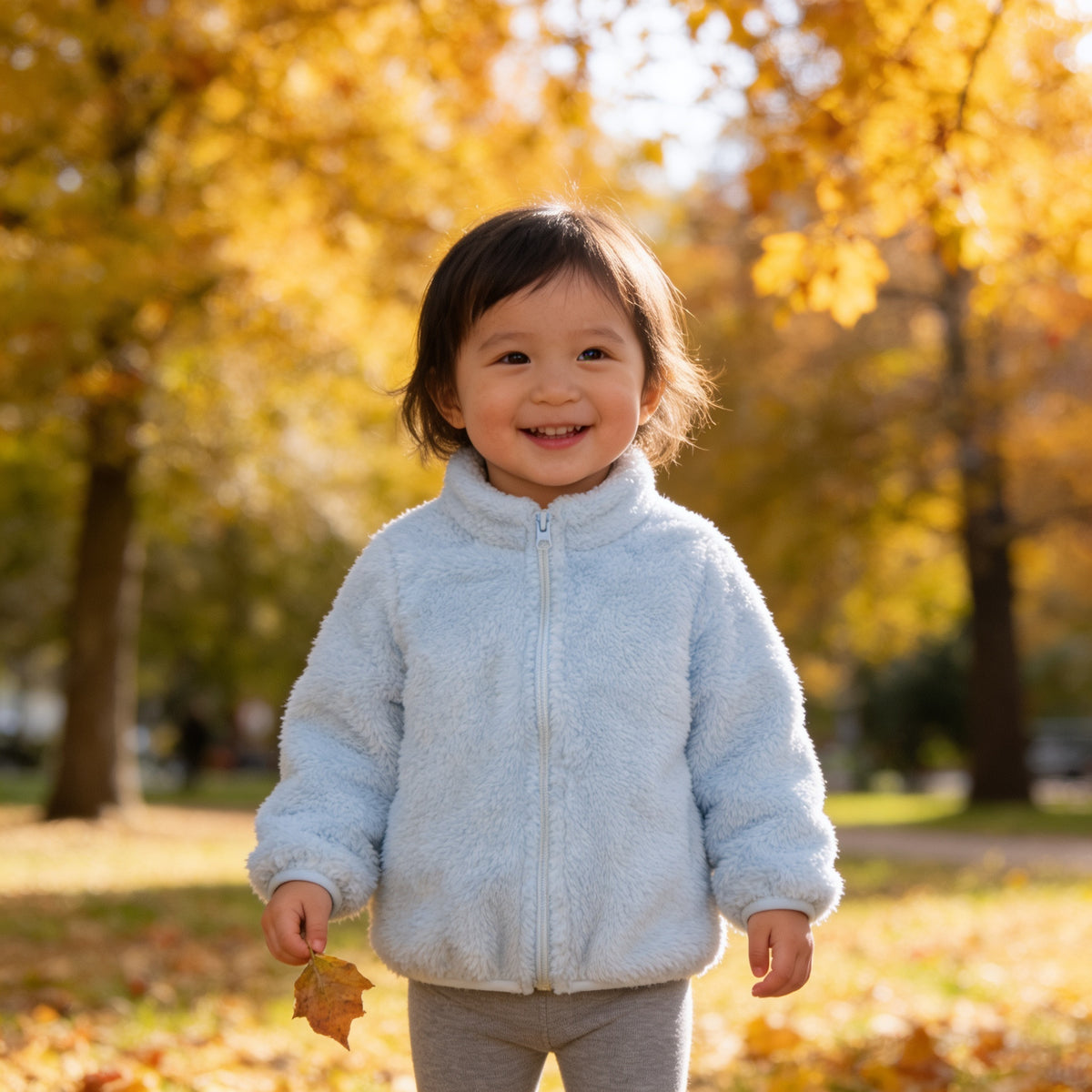 Lumiwee Teddy kids plush jacket, Light Blue option, in a bright room