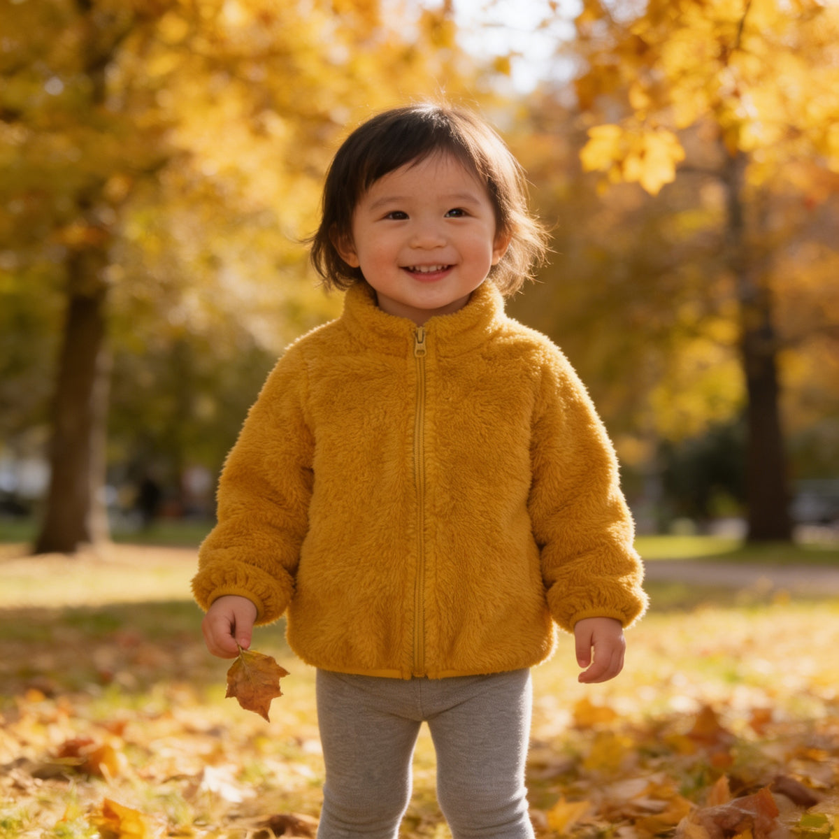 Lumiwee Teddy kids plush jacket, Mustard option, in a bright room