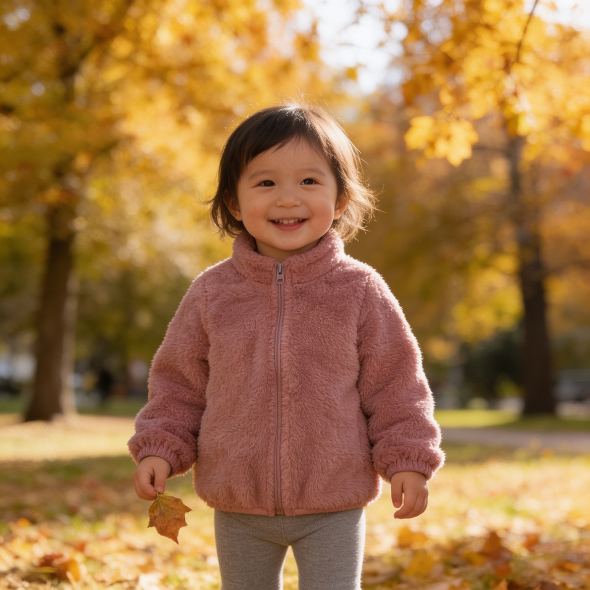 Lumiwee Teddy kids plush jacket, Pink option, in a bright room