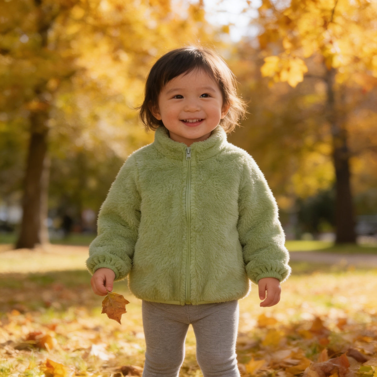 Lumiwee Teddy kids plush jacket, Sage option, in a bright room