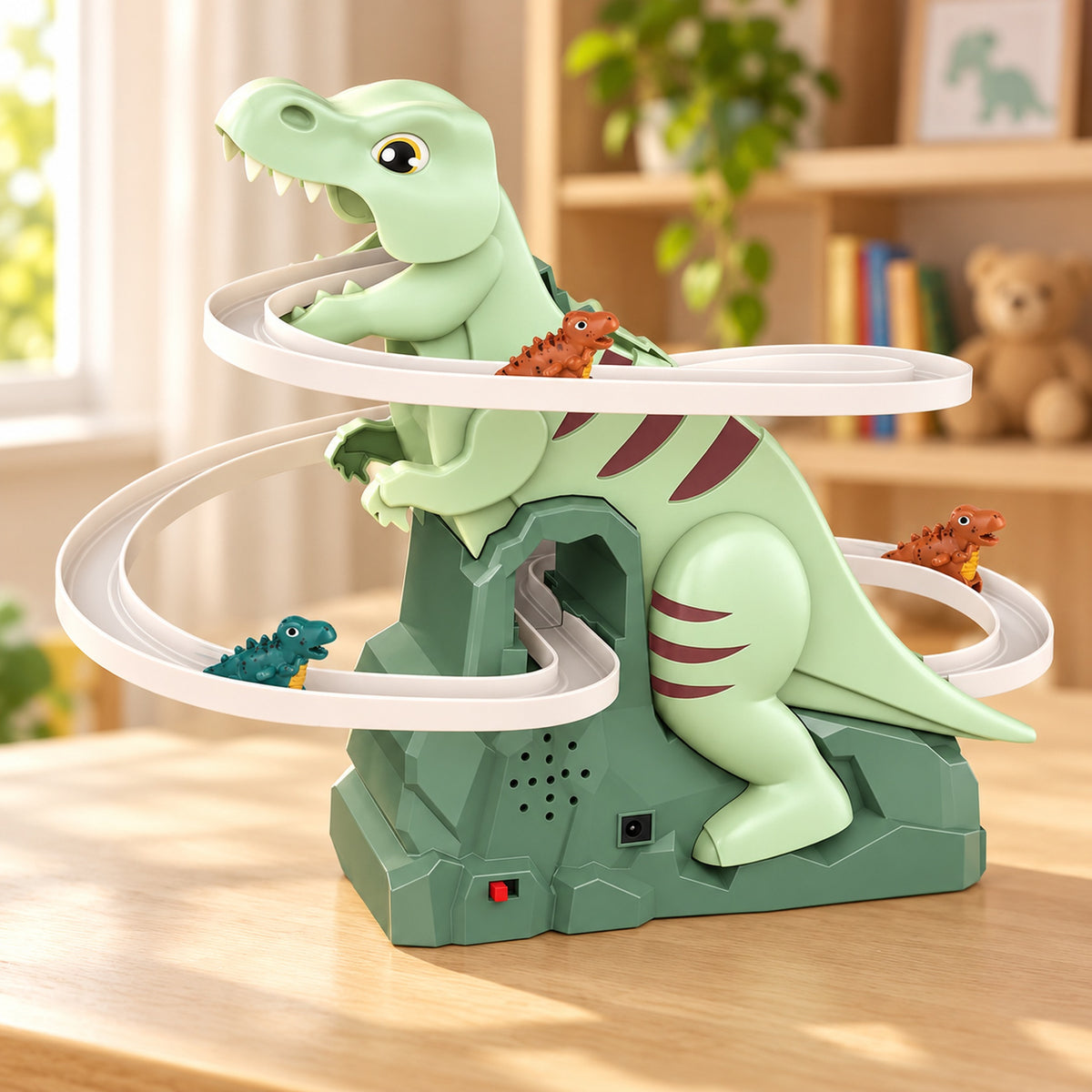 Thistle dinosaur slide tower and three mini dinosaurs on a playroom tabletop