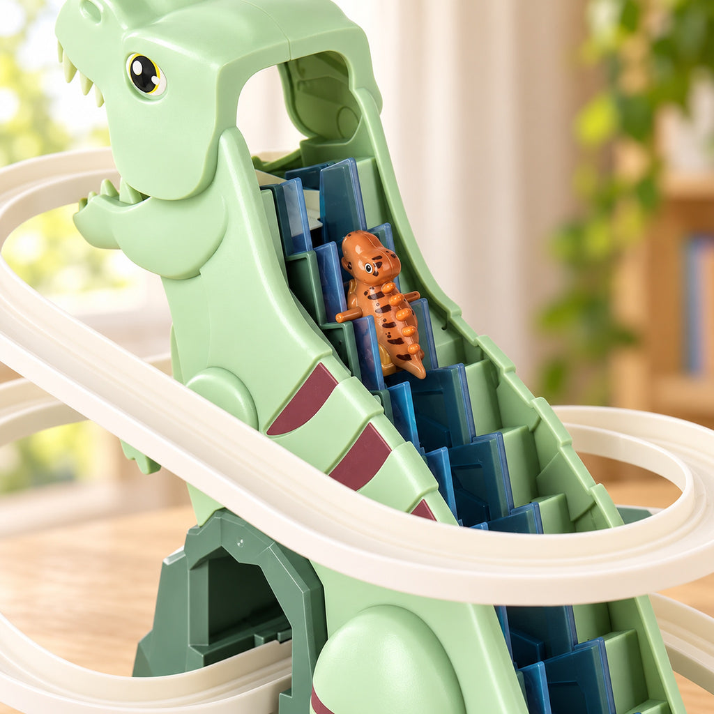 Close-up of Thistle climbing ladder with an orange mini dinosaur