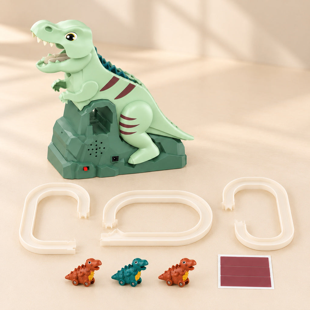 Thistle tower, three track pieces, three mini dinos and decal sheet laid out