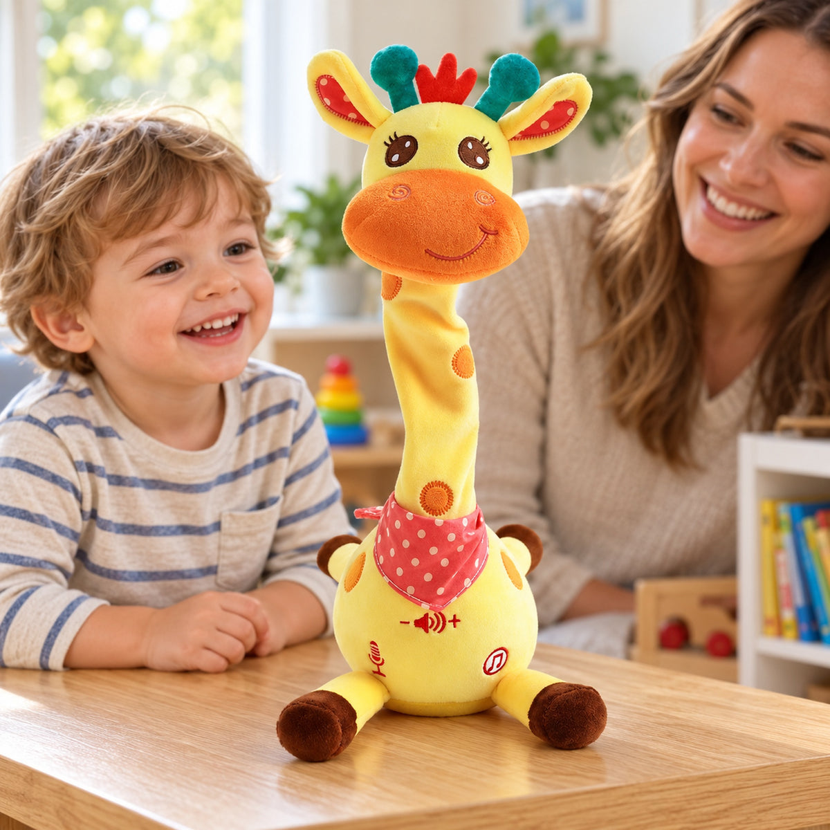 Yellow Tilly giraffe plush on a play table with awake child and parent watching