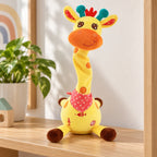 Yellow Tilly giraffe with gently curved neck on an oak playroom shelf