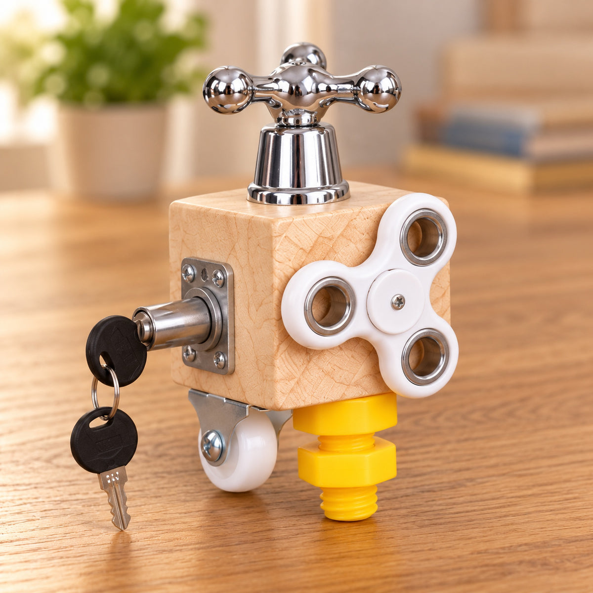 Tinker cube resting on oak with its spinner, tap, yellow bolt and keys