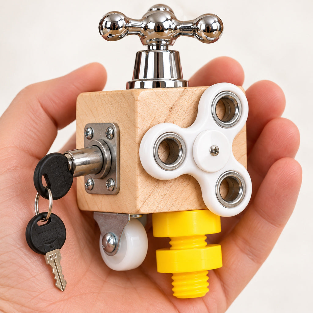 Close view of Tinker's spinner, tap and natural wood grain in an adult hand