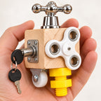 Close view of Tinker's spinner, tap and natural wood grain in an adult hand
